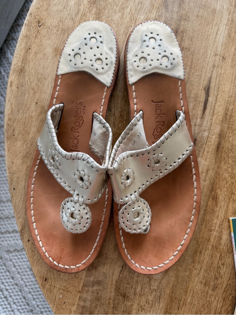 Jack Rogers Women's Silver Leather Thong Sandals with Tan Footbed